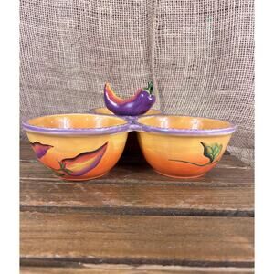 Vintage Clay Art Fiesta Pepper Triple Section Condiment Server/Bowl~Hand Painted